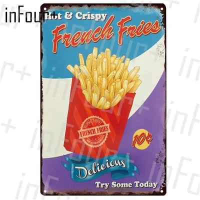 [InFour+] табличка для блинов, металлическая винтажная вывеска для гамбургеров, жестяная вывеска для пиццы, металлический плакат, винтажный постер для картофеля фри