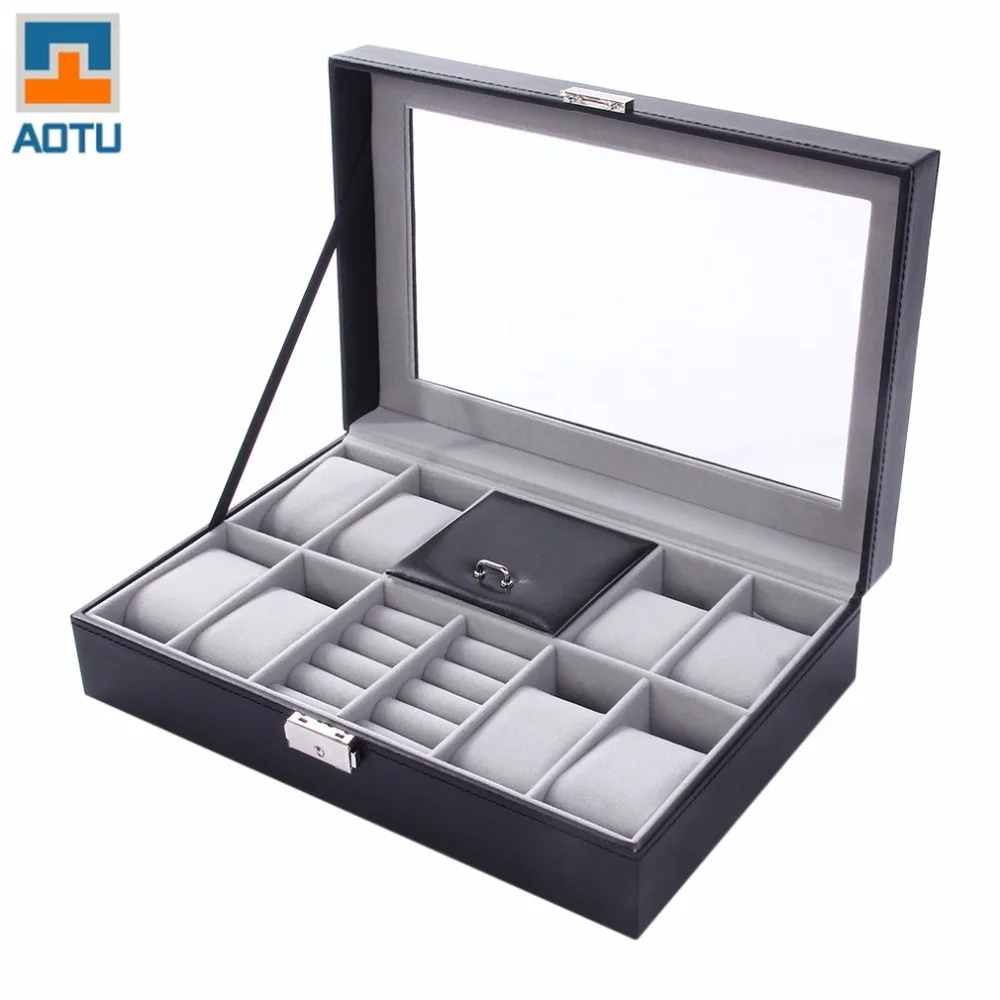 

Black 30*20*8cm 2 In One 8 Grids+3 Mixed Grids Leather Watch Case Storage Organizer Box Luxury Jewelry Ring Display Watch Boxes