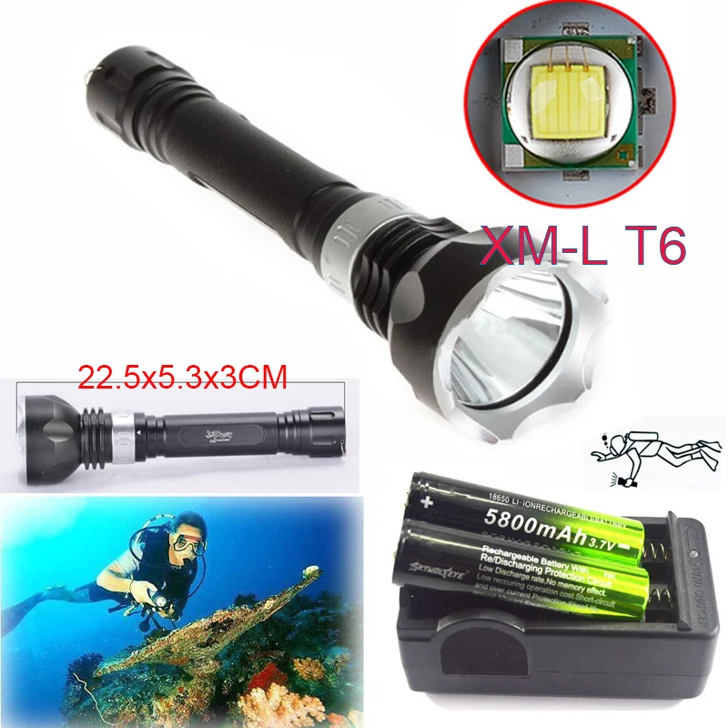 Goede Onderwater 100 m 2300LM XM L T6 LED Duiken Zaklamp Lamp Zaklamp 18650 5 Modus 2x18650 batterij + Smart Charger