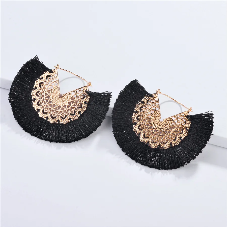

2019 Spring Summer Fashion Jewelry Hollow Flower Metal Fan Shape Fringed Tassel Statement Earrings