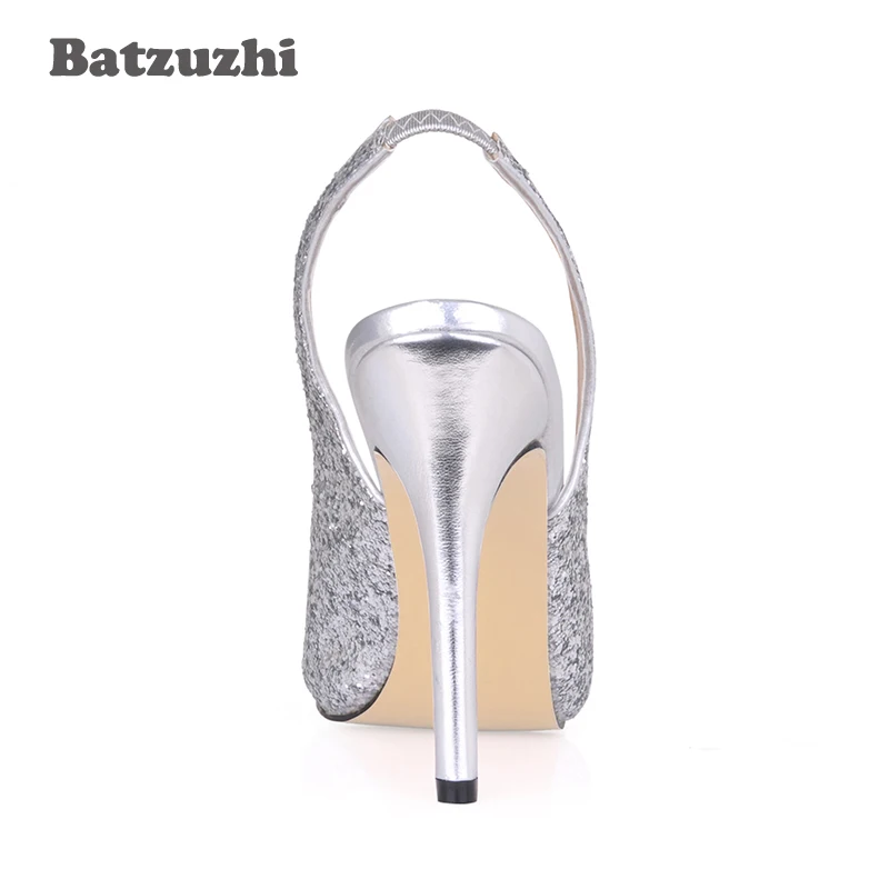 Batzuzhi/женские свадебные туфли ручной работы высокого качества женские босоножки серебристого цвета летние Серебристые вечерние туфли на каблуке 11 см 35-43