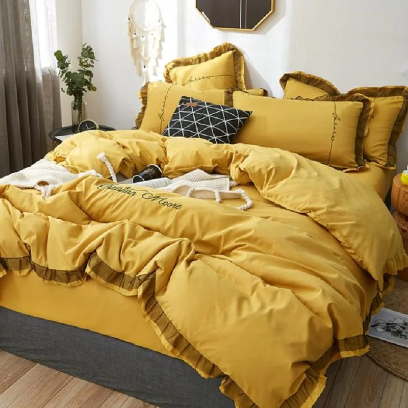 

Princess Style 4 pieces Bedding Set Flat Bed Sheet Duvet Cover Pillowcase Set Sanding Warm Queen Lace Embroidery Bed Linen