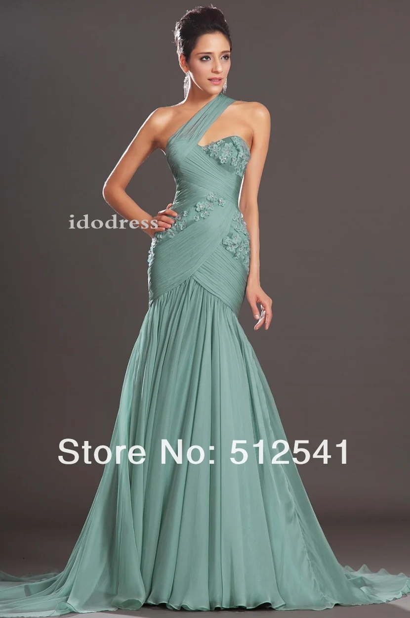 

Simple Chiffon Great Prom Dresses 2014 Handmade Flower One shoulder Sheath Column Sweep Train Ruffle yk-8A29