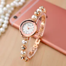 Лидер продаж жемчужный браслет из розового золота часы Для женщин Дамская мода кристалл платье кварцевые наручные часы Relojes Mujer G-zz