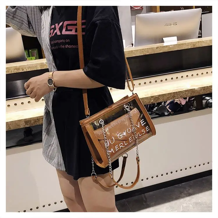 

Korean Version Transparent Letter Print Wild Crossbody Bag Chain Single Shoulder Diagonal Composite Bags for Women 2019 New