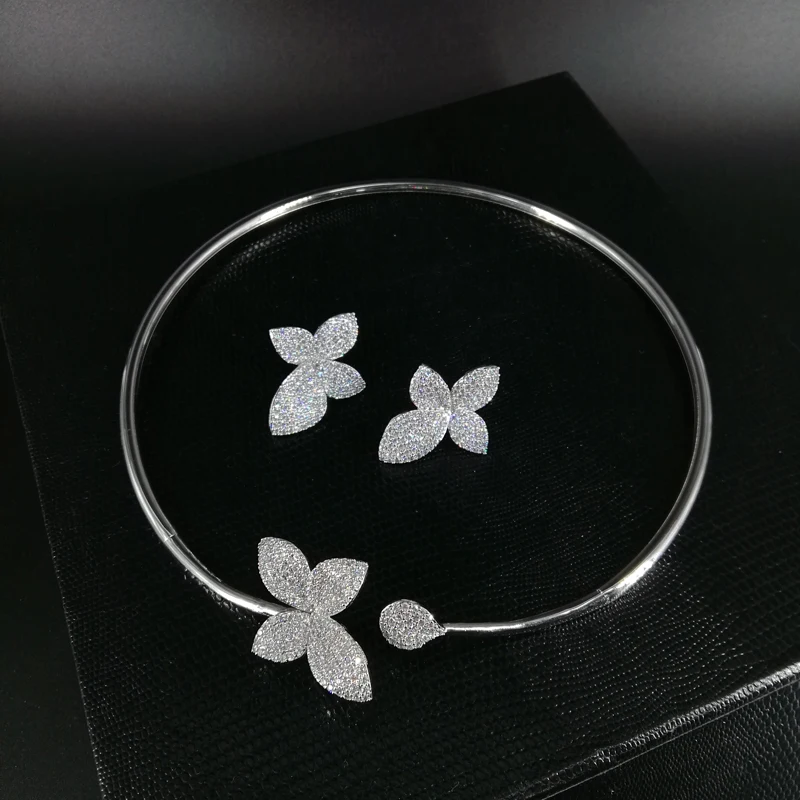 

2019 NEW FASHION flowers crystal CZ zircon necklace earring bracelet ring wedding bridal banquet dinner dressing jewelry set