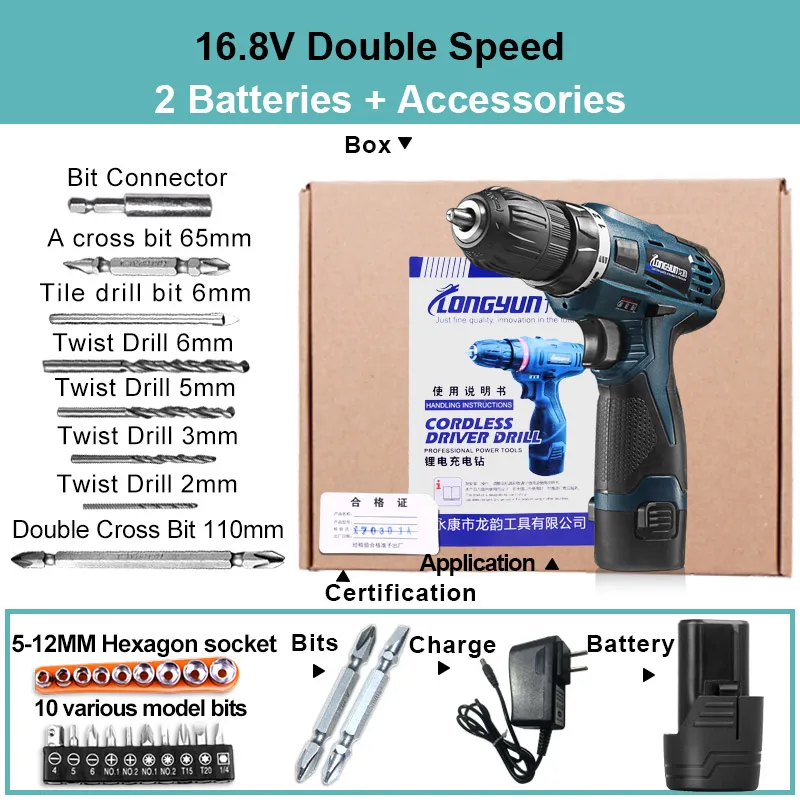 LOMVUM электрическая дрель Водонепроницаемая перезаряжаемая электрическая отвертка электроинструменты 12 в 16 В 24 В беспроводная дрель-шуруповерт - Цвет: 16V Double 2 battery