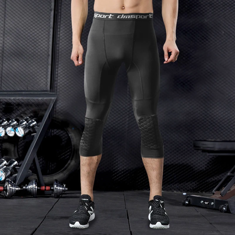 COOLOMG Basketball Leggings with Knee Pad for Men 3/4 Compression Trousers Sports Trousers Multi-Way 