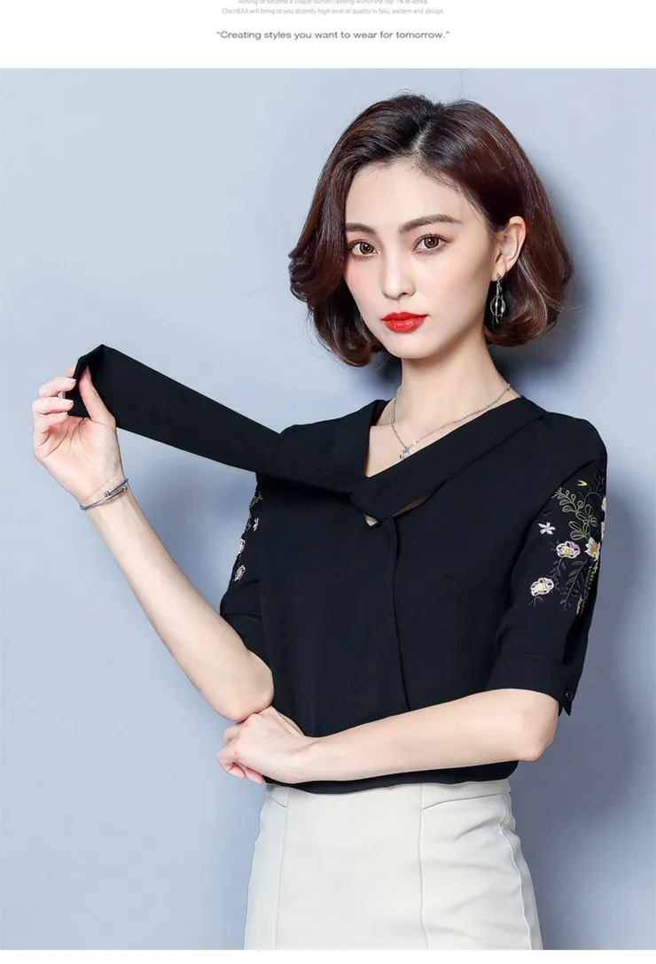 2018 New Arrival Lady Blouse Summer Fashion Shirts Floral Embroidered Tops Plus Size Short Sleeve Office Chiffon Blusas Feminina (9)