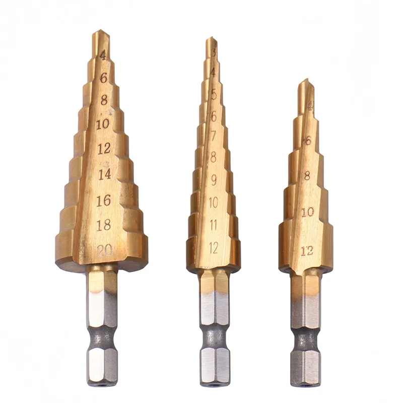 

New 3pcs/set Titanium Step Drill Bits 3-12mm 4-12mm 4-20mm HSS Power Tools High Speed Steel Hole Cutter Wood Metal Drilling