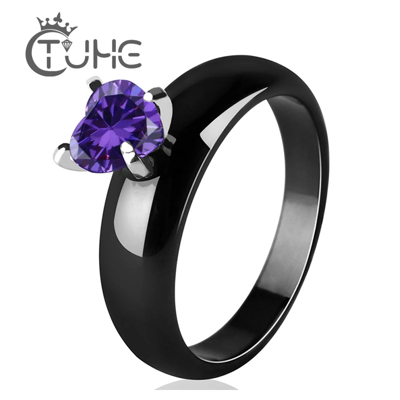 

New Fashion Luxury Vintage Women Purple Crystal Ring Black White Stainless Steel Heart Zircon Crystal Ceramic Rings Jewelry