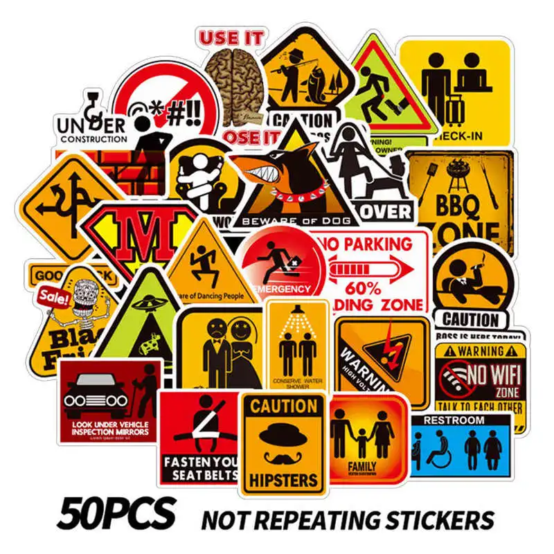 

50 Pcs/Set Graffiti Sign Stickers Warning And Logo For Luggage Laptop Toy Phone Car Notebook PVC Waterproof Cool Sticker