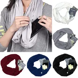 Для женщин Для мужчин Портативный шарф на молнии с карманом Кабриолет путешествие шарфы Повседневное теплые однотонные кольцо шарф платки