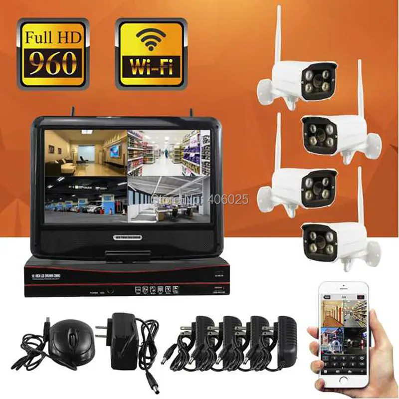 

4PCS 1.3MP 960P Wireless WiFi IP Camera with 7" LCD Monitor Wireless NVR Wireless Surveillance System