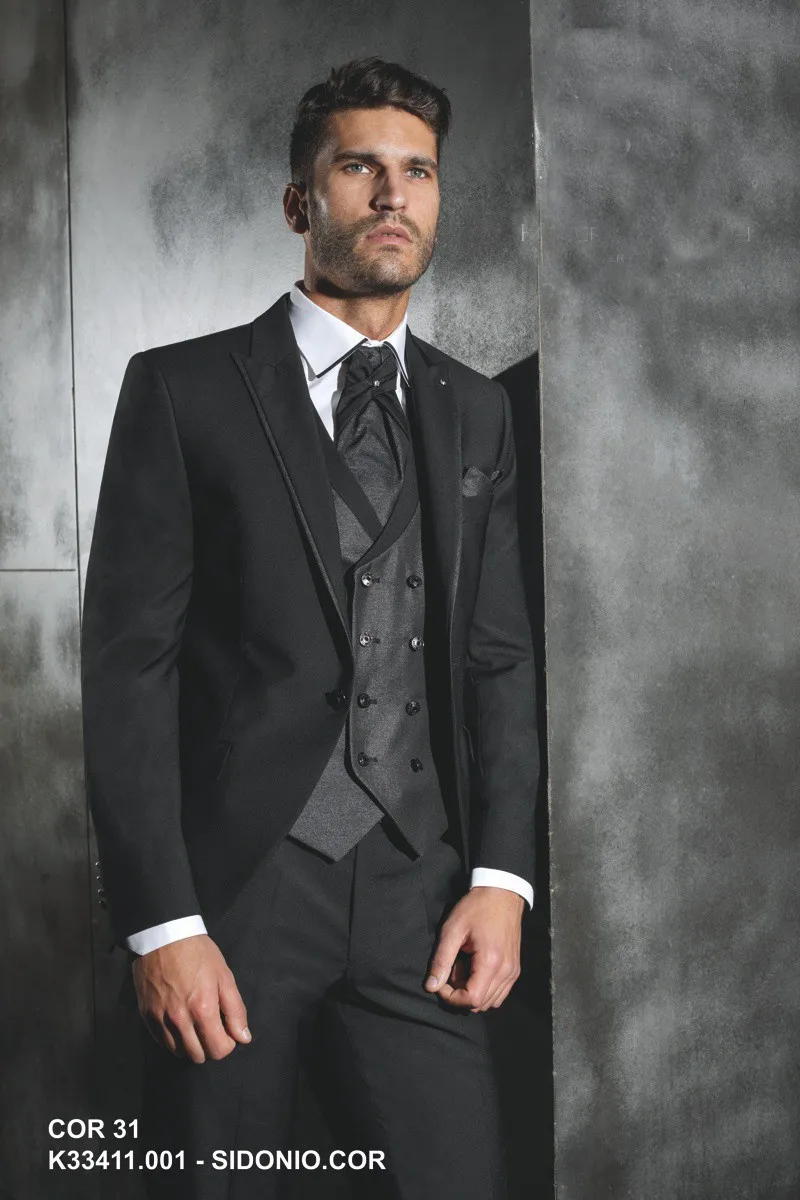 mens prom suits 2015 Black Jacket Charcoal Vest men suits Groom Tuxedos ...