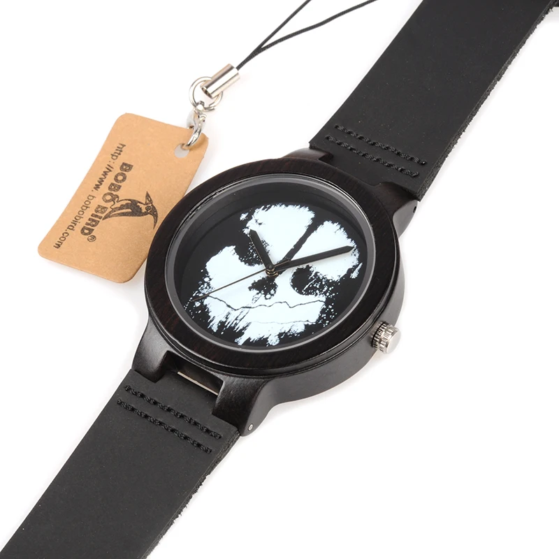 BOBO BIRD WD24 Ebony Wooden Watch for Men Cool Skull Printing Dial Face Quartz Watches accept OEM Drop Shipping