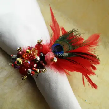 

red peacock napkin ring,feather gem napkin holder