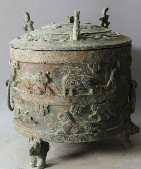

JP S0524 11" Archaic Chinese Dynasty Bronze Beast Food Ware Vessel warehouse Bin Barn