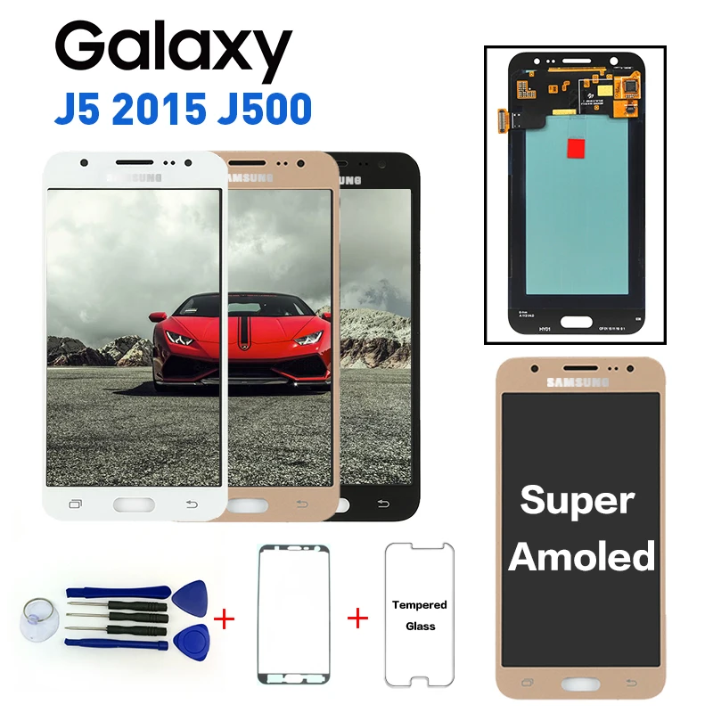 

Super Amoled LCD For Samsung Galaxy J5 2015 J500 J500F J500G J500M J500H LCD Screen with brightness control+Sticker+Tools