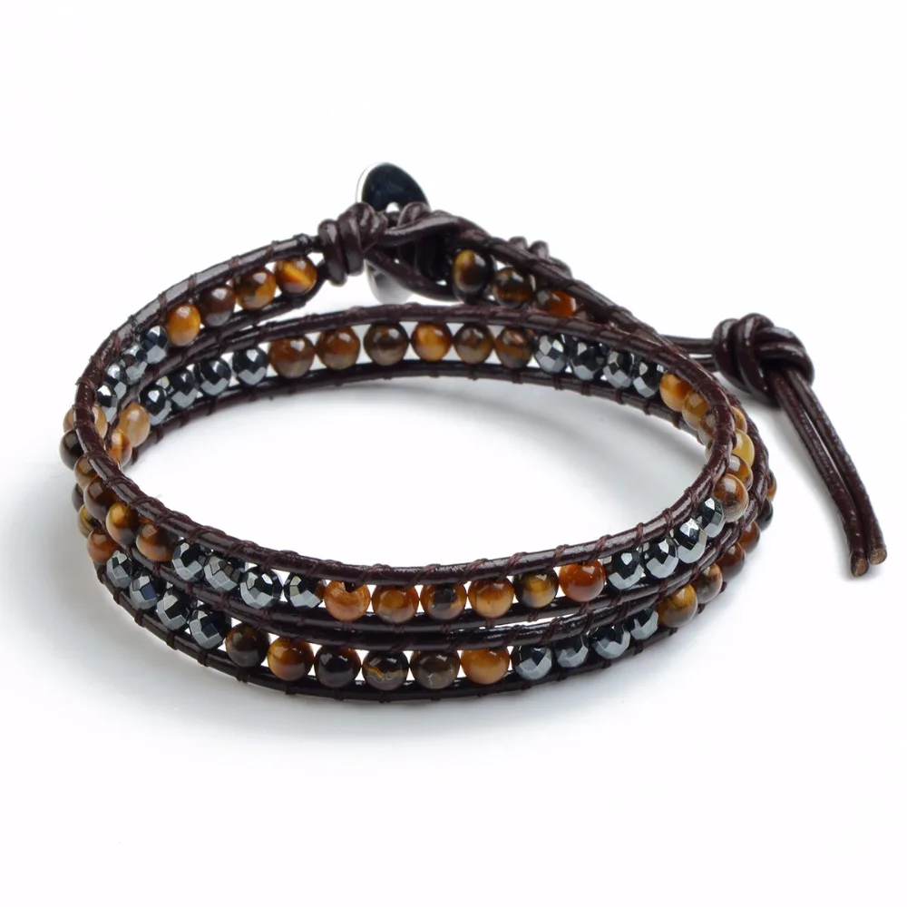 

CLL128 CKKU Jewelry 5pcs/LOT Tiger Eye Beads Mix Faceted Hematite Beads Leather 2 Wrap Bracelet for Women Collection