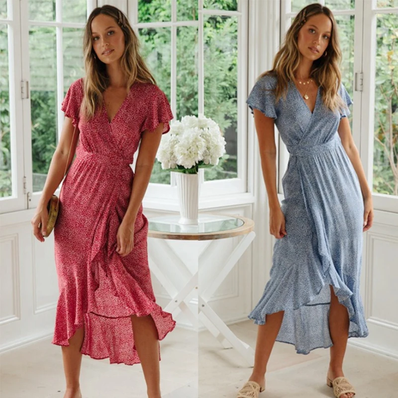 Женское длинное платье в горошек Boho Повседневное с коротким рукавом и v образным