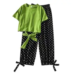 Kpop/2019 г., новый женский летний милый комплект из 2 предметов, футболка с короткими рукавами и бантом для девочек штаны с волнистыми точками
