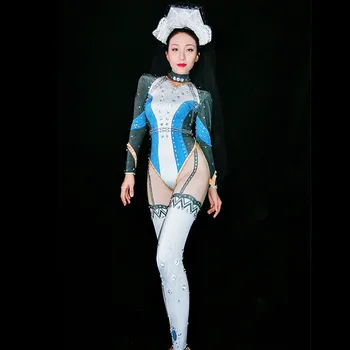 

Hallowmas Party Costume Sparkly Crystals Women Sexy Bodysuit 3D Printed Jumpsuit Nightclub DJ Stage Wear Dancer Singer Outfit