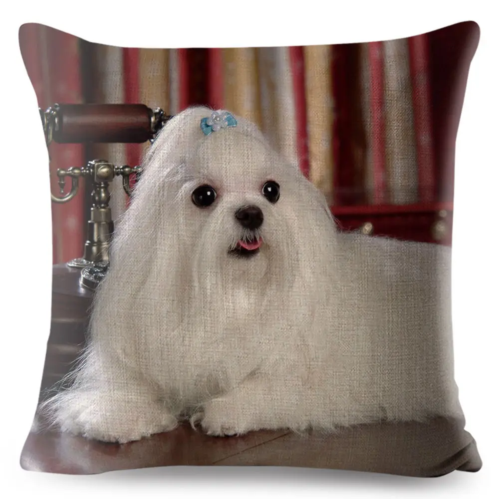 Cute Animal Pet Maltese Dog Pillow Cover Linen Cushion Covers 45*45cm Square Pillow Case Sofa Car Home Decoration Pillowcase