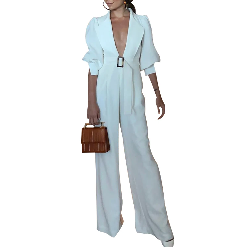 CHICEVER Summer Elegant Solid Women Jumpsuits Lapel Half Lantern Sleeve High Waist Sashes Full Length Flare Female Jumpsuit