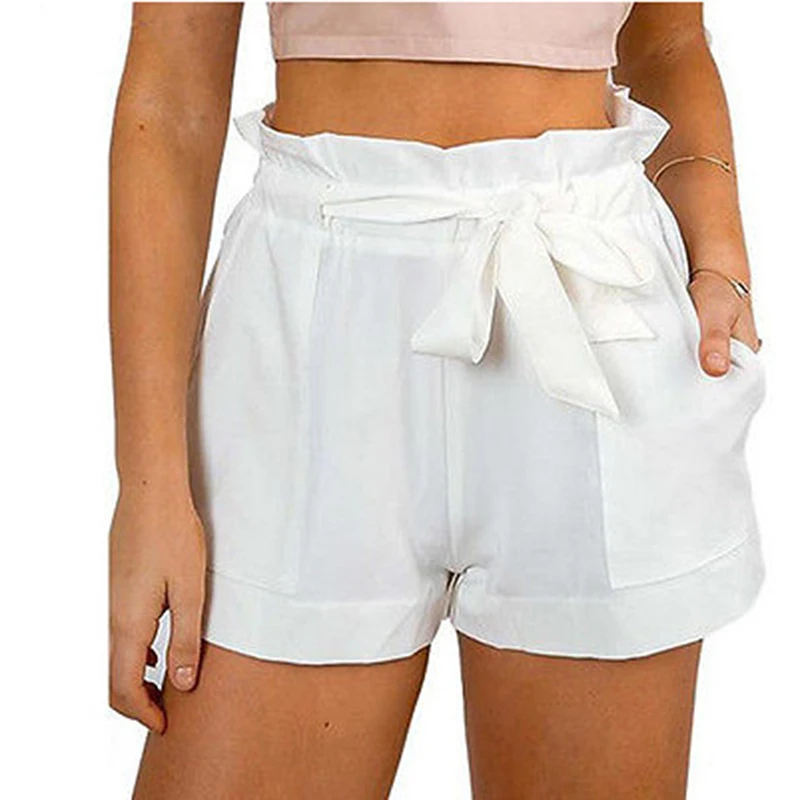 

Summer new style cotton shorts bow high waist belt shorts solid color pocket casual women shorts