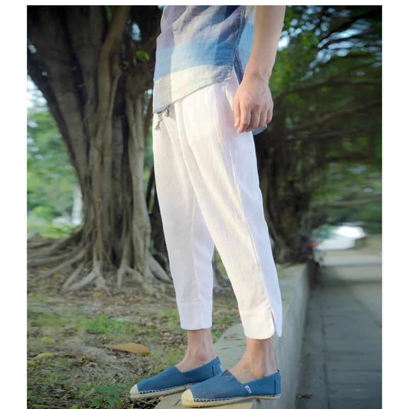 SHIFUREN повседневные льняные Мужские штаны эластичный пояс свободная посадка летние дышащие чистое белье брюки мужские икры-Длина брюки