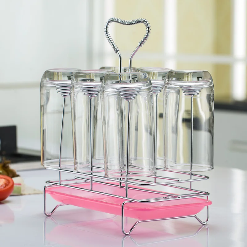 الدائمة حامل 6 أكواب الرف الحديد الهواء الجاف تجفيف رف الجدول حامل الكأس + صينية بلاستيكية المطبخ النبيذ رف كأس ل المطبخ تخزين