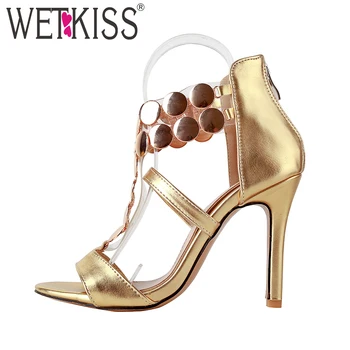 

WETKISS Big Size 2018 High Heeled Women Sandals Open Toe Metal Decoration Zipper Footwear Summer Wedding Ladies T Strap Shoes