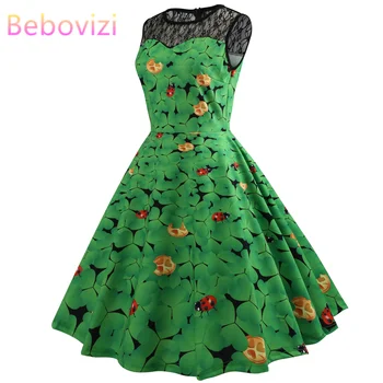 

Bebovizi Fashion Women 2019 Summer A-Line Vintage Dresses Casual Office Print Plus Size Mesh Stitching Elegant Sexy Party Dress