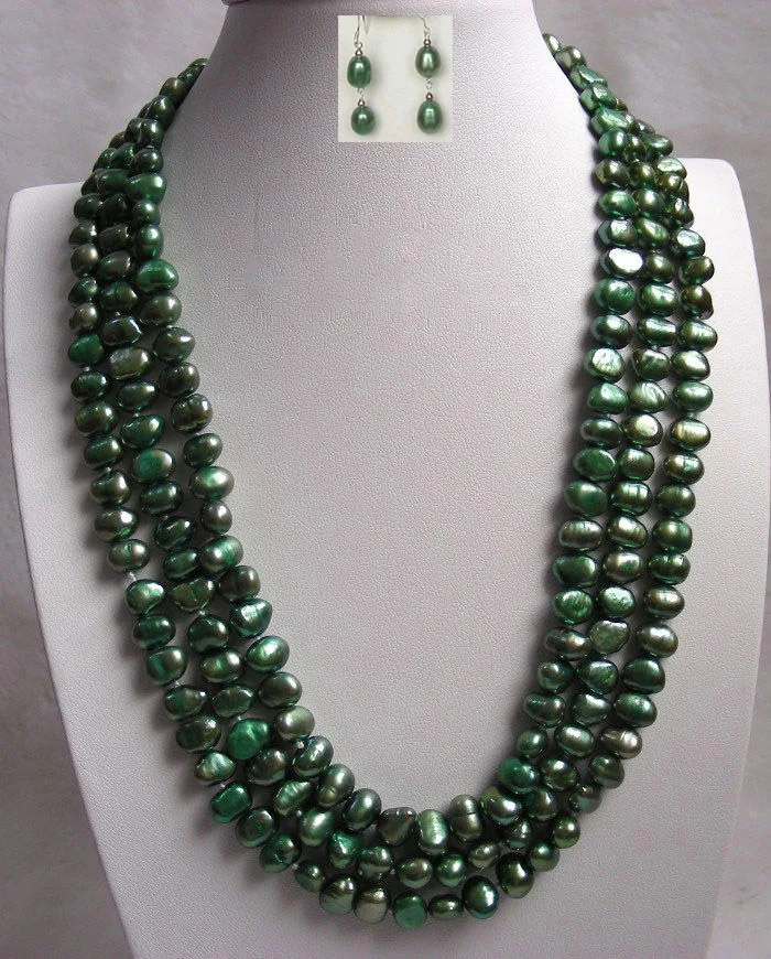 genuine 100% natural 3row 5Color red Natural pearl necklace earring SET