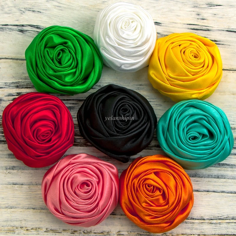 10pcs/lot 5cm 20colors Hair Clips Handmade Rolled Soft Satin Rose Flowers Artifcial Solid DIY Fabric Flowers For DIY Headband