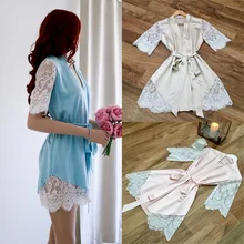 Женское шелковое кимоно халат шелковый сексуальный кружевной пэчворк короткий рукав Халаты женские бандажные халаты пижамы