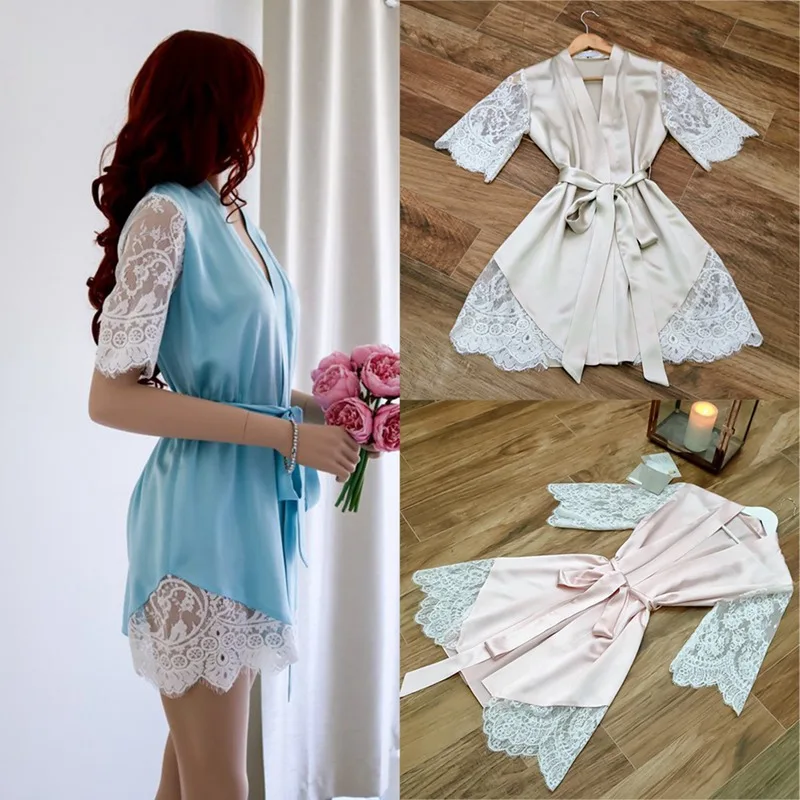 

2019 Women Silk Kimono Robe Bathrobe Silk Sexy Lace Patchwork Short Sleeve Robes Ladies Bandage Dressing Gowns Sleepwear
