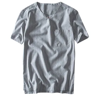 

High quality fashion Fashion Men's Cotton Linen Pocket Stripe Short Sleeve Retro Shirts Tops comfortable streetwear Drop Ship