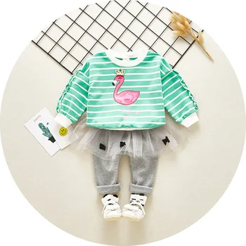 

2pc suit cute baby girl clothes 2018 spring young children's shirt + mesh princess skirt pants children's girls clothing set