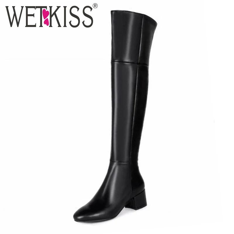 WETKISS 2016 Concise Fashion Genuine Leather Thigh High Women Boots Thick Heels High Quality Shoes Woman Zip Autumn Winter Boots