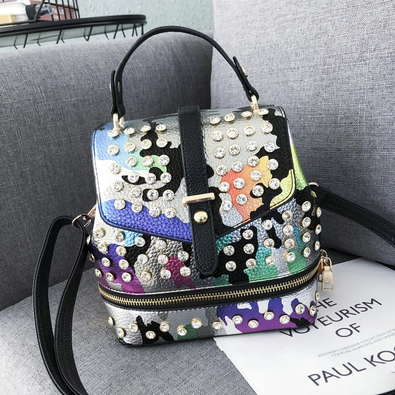 

Punk Style Mini Women Backpack Camouflage Pattern Backpacks for Teenage Girls PU Leather Shoulder Bags Diamonds Small Bagpack