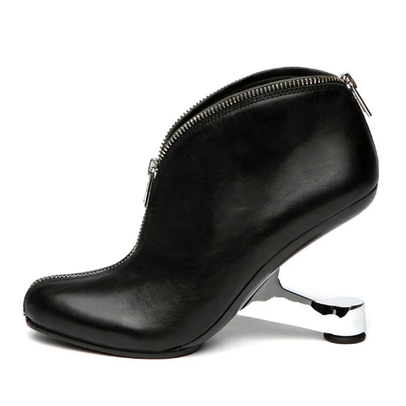 RIZABINA/Брендовые женские ботинки на высоком каблуке; обувь из натуральной кожи на молнии с круглым носком на необычном каблуке; модные пикантные ботильоны; размеры 34-39