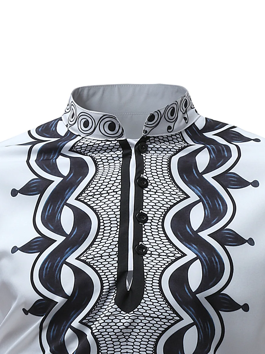 Cotton Shirt Long Sleeve Shirt Men Casual Shirt African Tribal Dashiki Longline Shirt Slim Long Sleeve Mandarin Collar Dress Shirt Men African Clothing Camisa