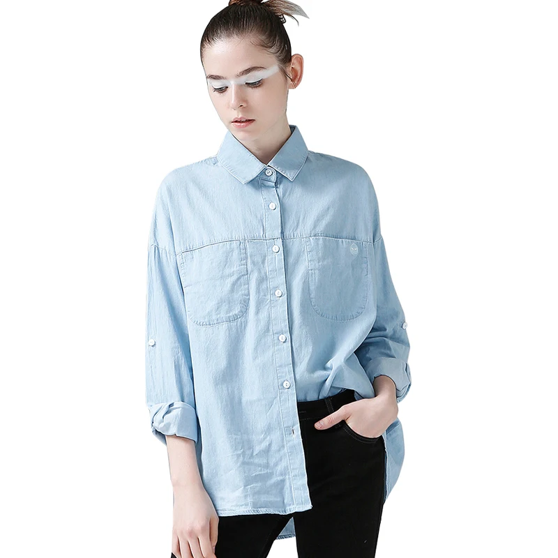  Toyouth BF Wind Double Pockets Denim Blouses Casual Solid Women's Long Sleeve Shirt Autumn Loose Em