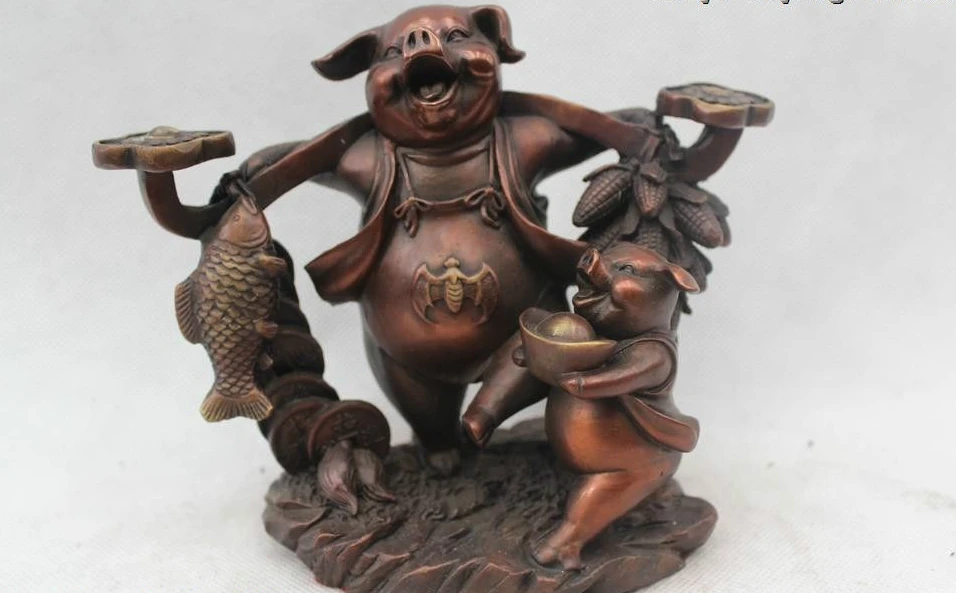 

5"Chinese Folk Feng Shui Bronze Every year more than Money drawing Two Pig Statu