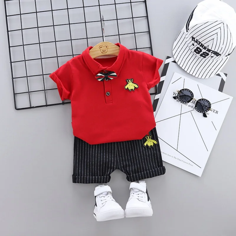 

Summer Baby Clothes for Boys Short Sleeve Cartoon Print Tops T-shirt+Striped Shorts Casual Outfits 2pcs Sets