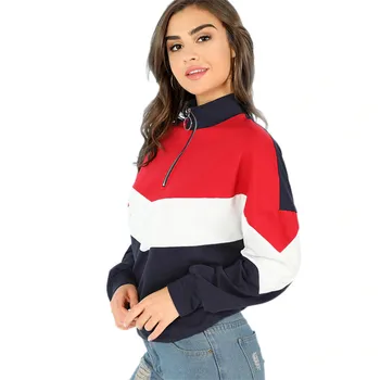 

Women Hoodies Multicolor Minimalist O-Ring Zip Front Cut Sew Stand Neck Raglan Sleeve Sweatshirt Autumn Women Casual Pullovers