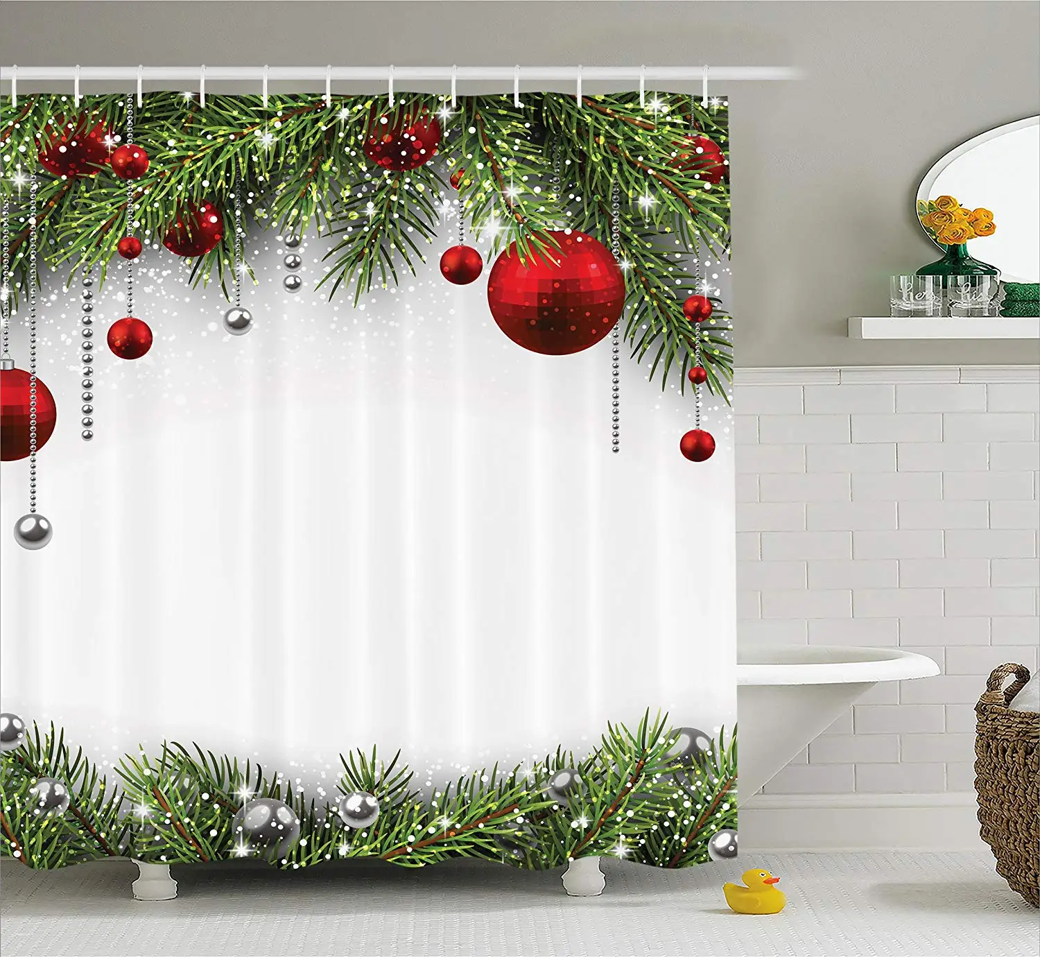 

Merry Christmas Shower Curtain Bathroom Accessories Noel Backdrop Fir Leaves Decorative Bright Balls Classic Set