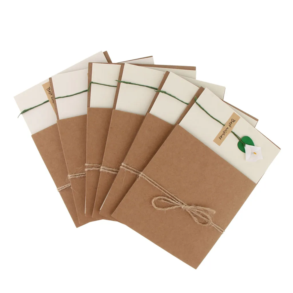 6pcs Rustic Dried Flower Kraft Paper Greeting Cards Handmade Crafts Blank Inside With Envelops